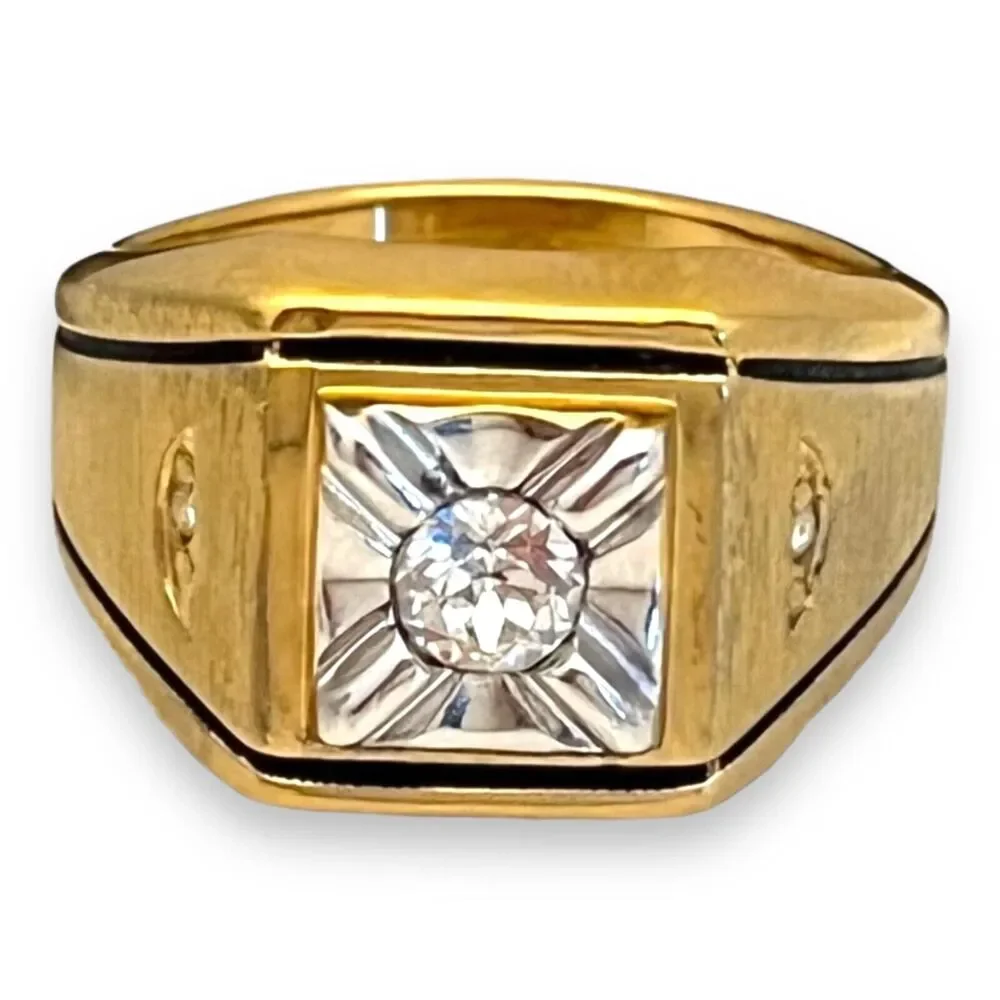 Vintage 1970s Ring Size 7 Uncas CZ Square Bezel Textured Gold Plated - 14O